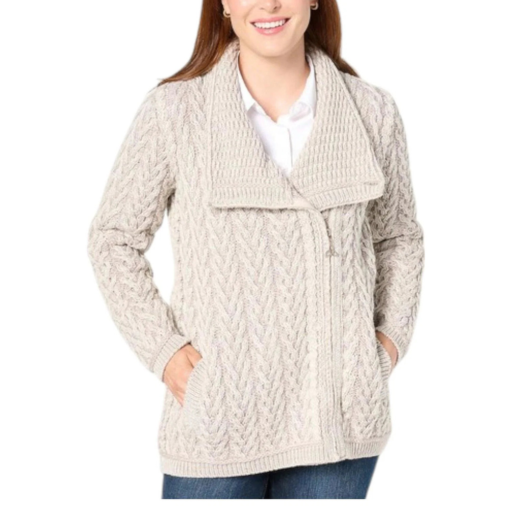 Aran Crafts Women's Merino Wool Asymmetrical Zip Sweater Cardigan Gray - Regular